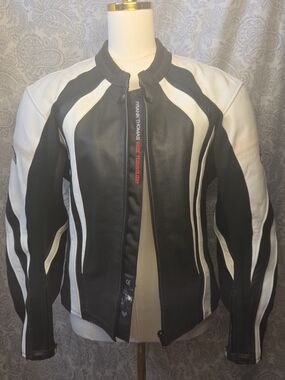 Frank Thomas Women's Black & White Leather Motorcycle Jacket